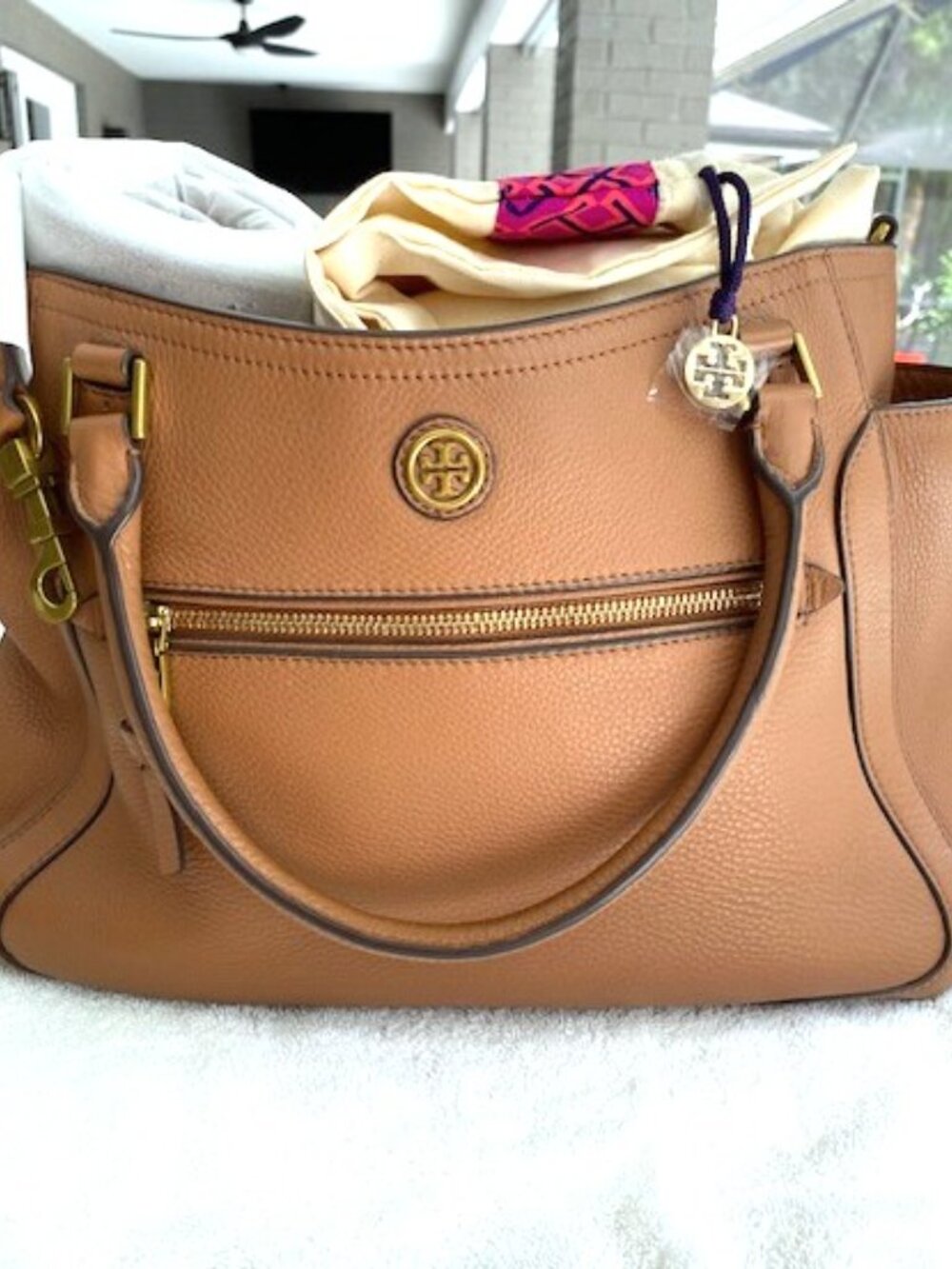 Tory Burch Frances Leather Satchel Bag Large Authentic Tan Brown - Picture 6 of 9